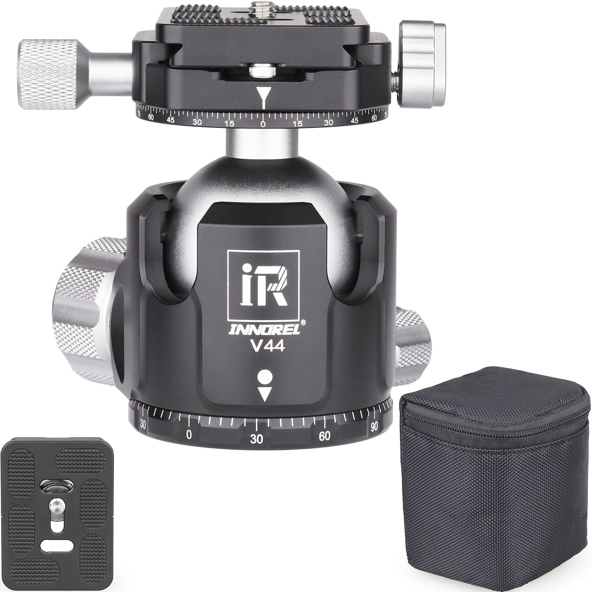 INNOREL V44 Low Profile Tripod Ball Head, Ball Dia φ44mm Max Load 55lb/25kg All Metal CNC Dual 360° Panoramic Shooting Camera Mount with Two 1/4" Arca Swiss Quick Release Plates Storage Bag