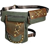 Handadsume Water Resistant Canvas Plus Leather Motorcycle Fanny Waist Pack One Shoulder Drop Leg Thigh Bag For Men Women N211-8 (The Army Green)