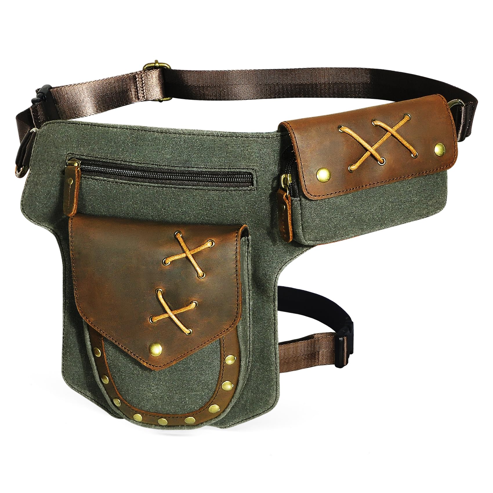 Handadsume Water Resistant Canvas + Leather Motorcycle Travel Fanny Waist Pack Drop Thigh Leg Bag Pouch for Men Women FB211-8 (Green)