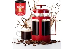 LORD'S ROCKS Folgers Coffee French Press – 600ml Heat-Resistant Glass Coffee Maker with Stainless Steel Filter, Durable Red Frame & Handle, Easy Brewing for Fresh, Bold Flavor
