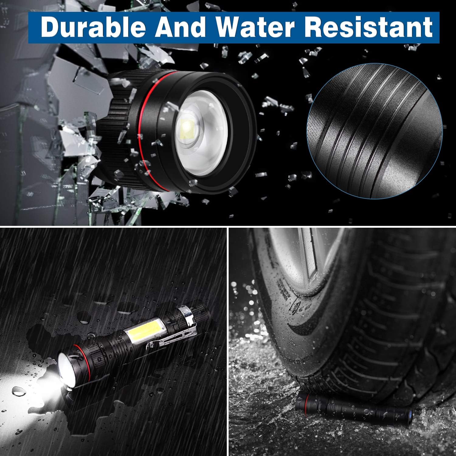 Rechargeable LED Flashlight T6 with Cob Sidelight, CoaTaco High Lumens Super Bright Mini Torch Handheld Flashlight with Clip, Zoomable, Water Resistant, 3 Light Modes (2 Pack) - - 