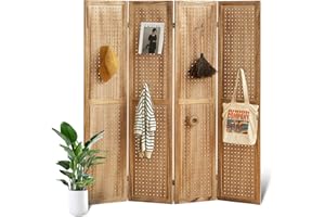 Asnefeli 4 Panel Pegboard Display with 16 Hooks, 5.6Ft Tall Room Divider, Folding Privacy Screen Wood Room Divider Portable Freestanding Display Stand Organizer for Bedroom Reading Room (Natural)
