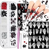 Teenitor Halloween Nail Stickers for Nail Art, 3 Sheets Nail Art Stickers with 1 Box Halloween Nail Charms, 3D Skull Nail Decals for Women