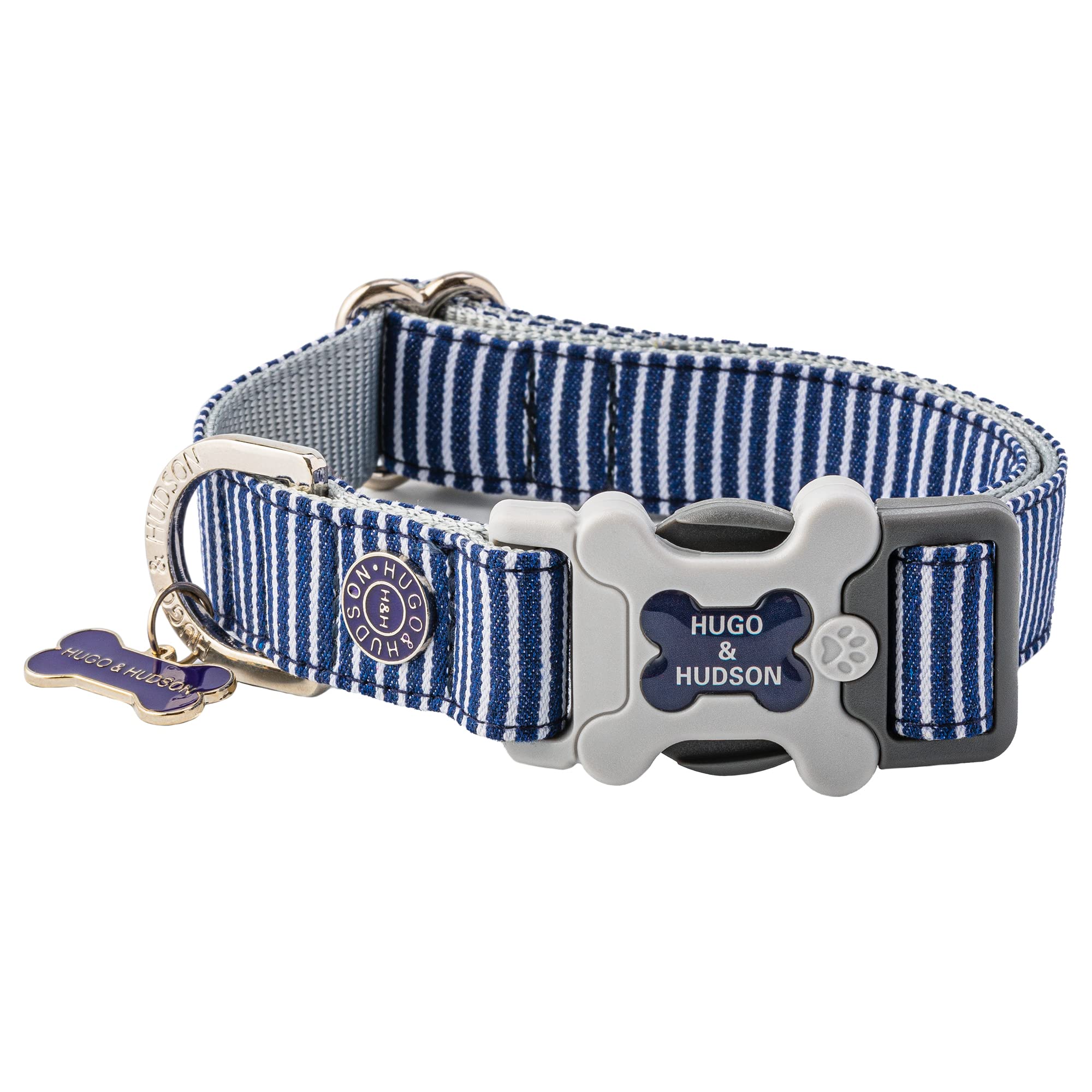 HUGO & HUDSON Nylon Dog Collar with Quick Release Safety Buckle, Navy Striped, L