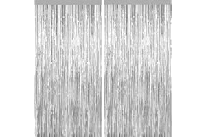 YEURFONTASY Silver Tinsel Backdrop Foil Fringe Curtains - 2 Packs Door Streamers Backdrop for Birthday Door Decorations, Party Supplies for Bachelorette, Graduation, Christmas, Disco Decor