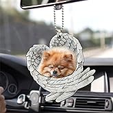 Talataca Pomeranian Sleeping Angel Wing Memorial Dog 2D Flat Car Rear View Mirror Accessories Christmas Tree Ornament Decoration Hanging Charm Interior Rearview Pendant Decor Gift
