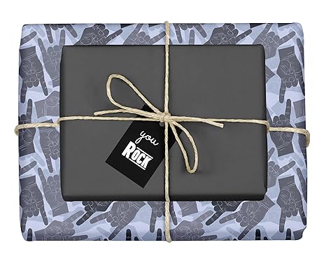 4X Geschenkpapier: Rock n Roll, Pommesgabel, Metal Hand (zweifarbig schwarz-grau-blau) mit Anhänger (für Rock Fans, Musiker, 