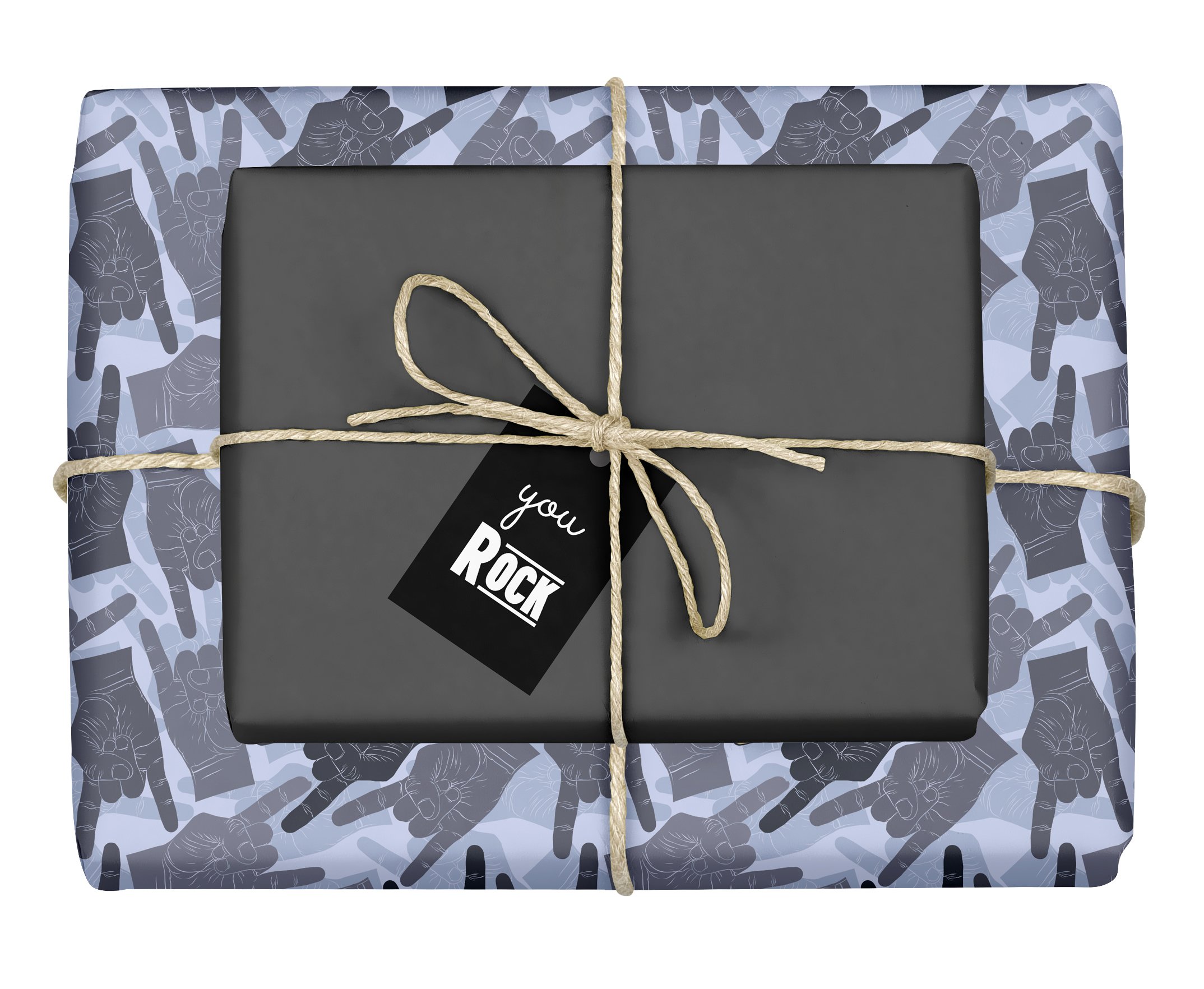 dabelino 4 x Wrapping Paper: Rock n Roll, Chip Fork, Metal Hand (Two Tone Black/Grey/Blue) with Tag (for Rock Fans, Musicians, Men, Women, Music Teachers, Music Students, Humour, Fun)