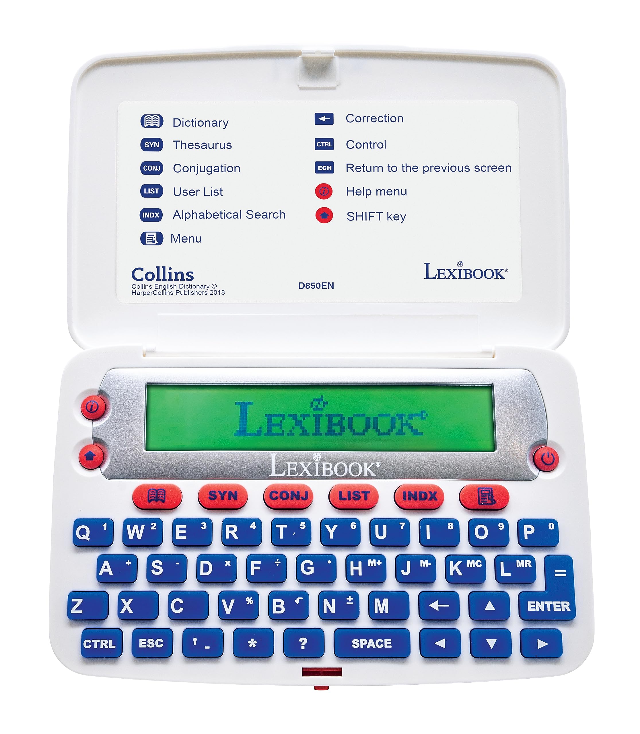 LEXIBOOK, The Collins English dictionary, 13th Edition-Electronic Dictionary, Definitions, Thesaurus, Conjugation, Phonetic Spellchecker, Crossword Solver, with Battery, Blue/White, D850EN