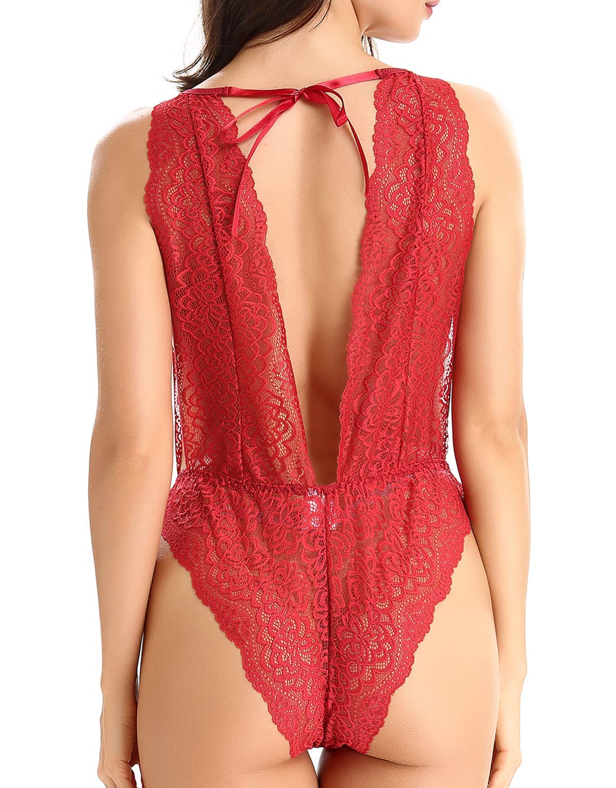 Lynmiss Women One Piece V Lingerie Lace Teddy Bodysuit Halter Babydoll Outfits, Dark Red-XL