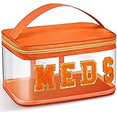 Geetery Chenille Letter Bag, Meds Cheer Travel Cases Cheerleader Gifts Cosmetic Bag Nylon Makeup Portable Preppy Patch with Zipper Toiletry Storage Case for Women(Orange,Meds)