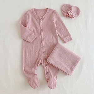 Baby Girl 3 Piece Outfit Newborn Infant Clothing Set Footed Onesie Zipper Romper Swaddle Blanket Mittens Layette