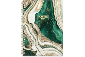 BUSHYPUSHY 2024 Planner - 2024 Planner Weekly and Monthly with Tabs, January 2024 - December 2024, 6.3" x 8.4", Planner 2024 with Back Pocket + Thick Paper + Twin-Wire Binding - Green Gliding