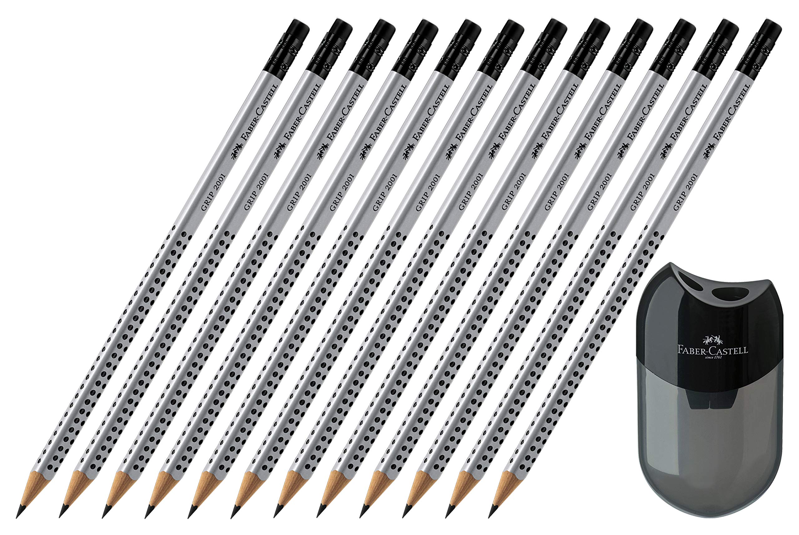 Faber-Castell GRIP 2001 HB Pencil with Eraser Tip (12 Pencils + Sharpener)