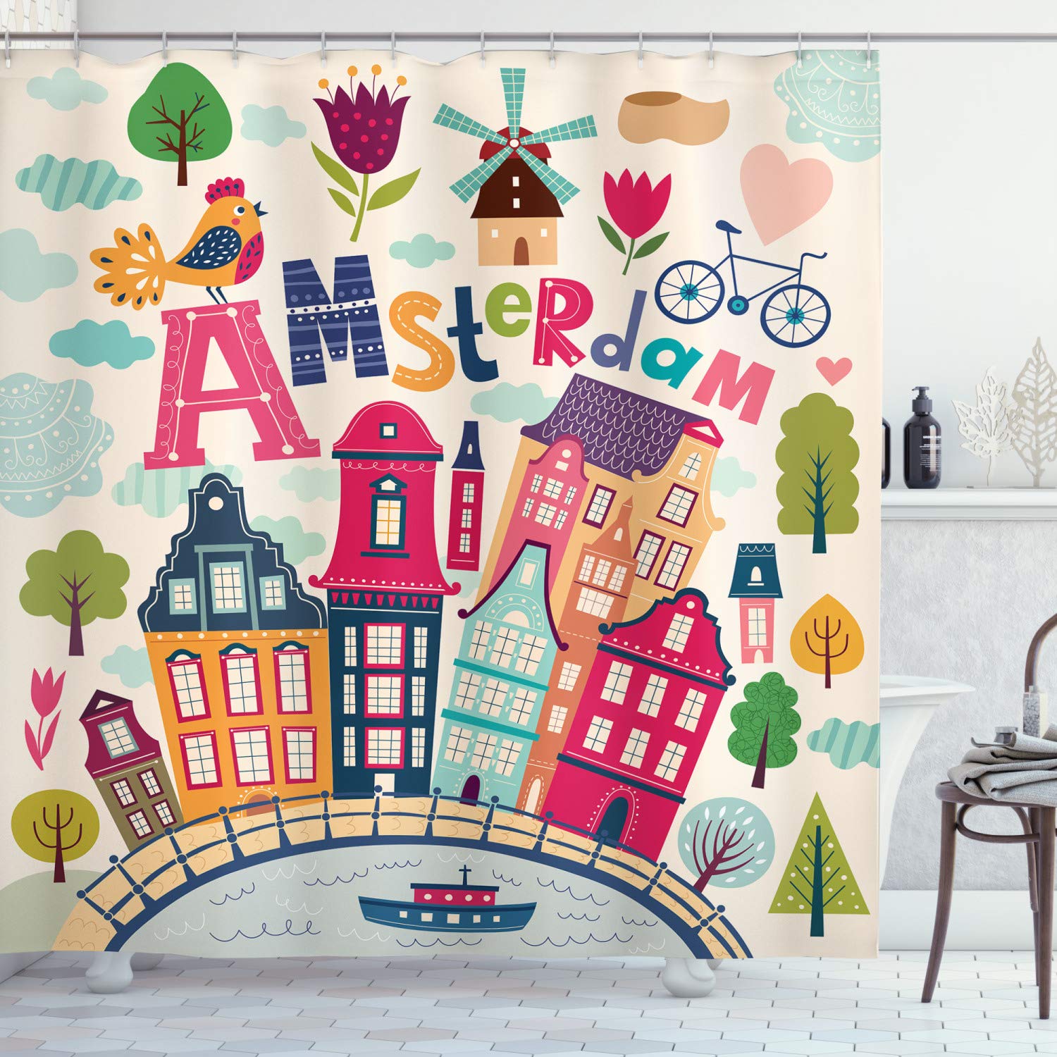 ABAKUHAUS Dutch Shower Curtain, Cartoon Style Amsterdam Architecture Illustration with Colorful City and Trees, Cloth Fabric Bathroom Decor Set with Hooks, 175 x 200 cm, Magenta Multicolor