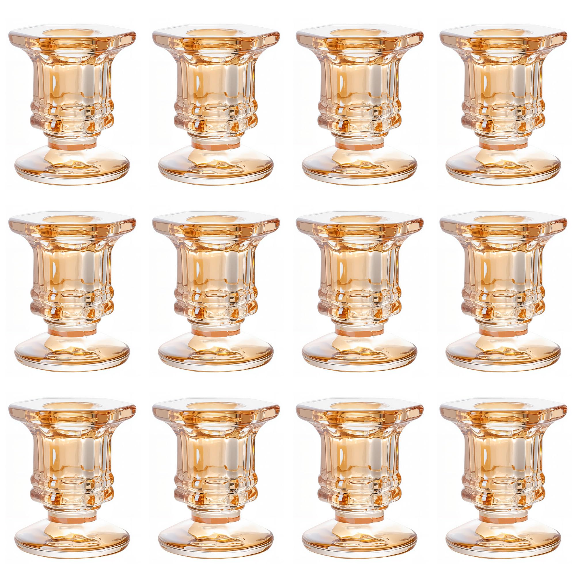 12Pcs Glass Candle Holder, Clear Taper Holders, Small Candlestick Stands in Bulk for Wedding, Dinner Table, Party, Festive Decor and Everyday Decoration (Gold)