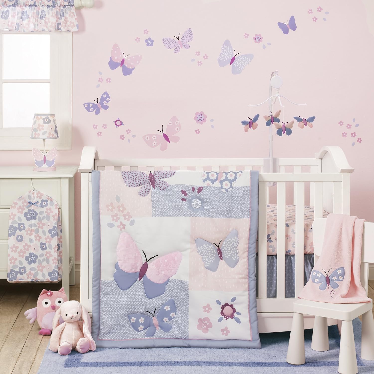 Crib Bedding Set Baby Girl Butterfly Pink Purple White Nursery 3 Piece