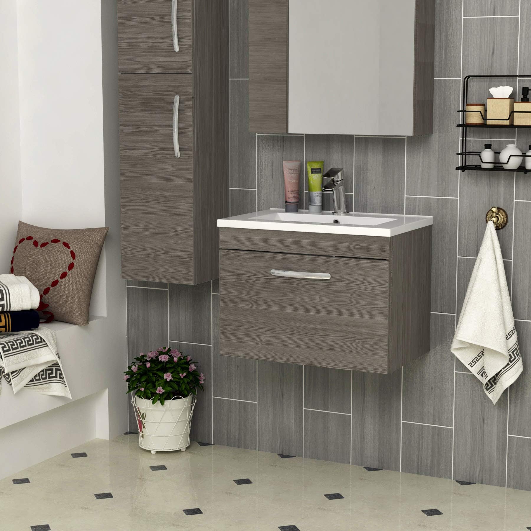 500mm Wall Hung Bathroom Vanity Unit Mid Edge Basin 1 Drawer Storage Cabinet Furniture - Grey Elm