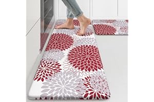 COLLIVE Anti Fatigue Kitchen Mats for Floor 2PCS,17"x47"+17"x29" Farmhouse Kitchen Rugs Non Slip Rubber Backing,Waterproof Cushioned Standing Mat for Office,Laundry,Sink,Desk,Red