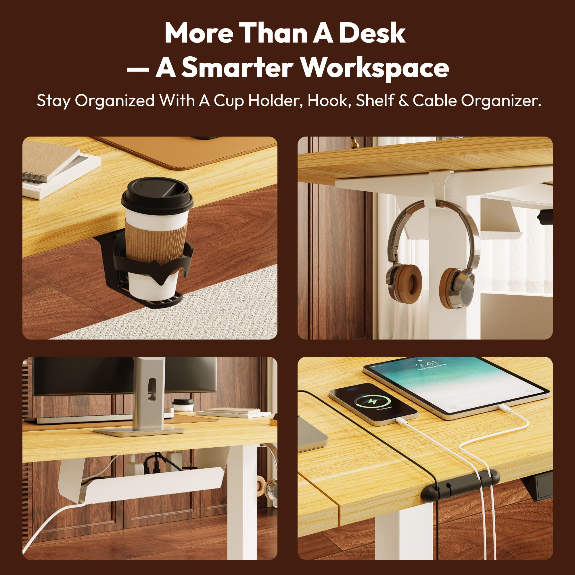 SANODESK Höhenverstellbarer Schreibtisch 110×54 cm – Kompakter Standing Desk mit praktischem Zubehör, ideal für kleine Räume, leise & sicher mit Anti-Kollisions-Schutz(ahorn) 8