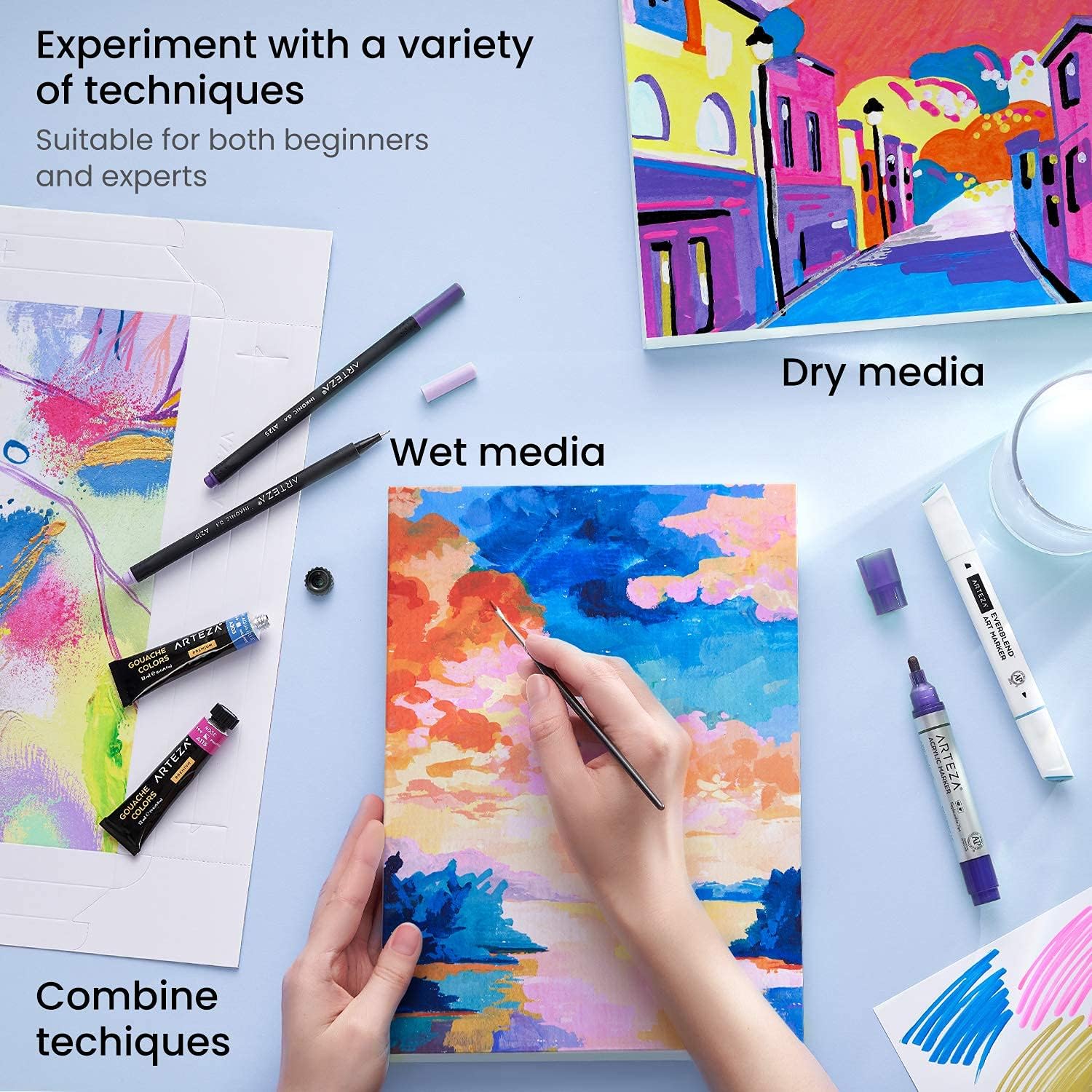 Arteza Watercolor Paper Canvas Pad Folded Size 7x8.6 10 Sheets and Mixed Media Paper Foldable Canvas Pad 8x11 Inches 20 Sheets Bundle, Painting Art Supplies for Artist, Hobby Painters & Beginners