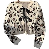MakeMeChic Women's Cheetah Print Sweater Cardigan Tie Front Long Sleeve Knit Crop Outerwear