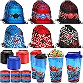 Potchen 72 Pcs Spider Party Favors Spiderweb Birthday Party Supplies Hero Decorations for Guests Including Drawstring Gift Bags Cups and Wristbands for Christmas Birthday Gift Favors