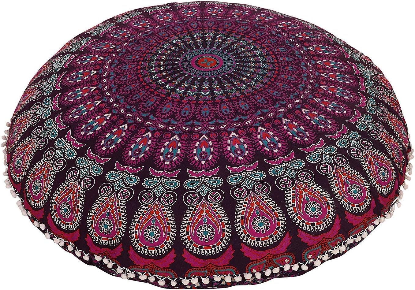 32 Inch Floor Pillow "Cover Only" Cushion Cover Pouf Case Bohemian Meditation Pillow Cover Seating Throw Hippie Decorative Boho Indian Large Ottoman Outdoor Home Decor Cases Round Sham Mandala Cotton