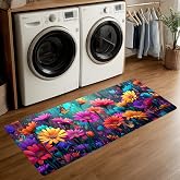 ANNA QUEEN Colorful Daisy Laundry Room Rug 20x47 Inch – Bright Floral Butterfly Non Slip Runner Mat for Kitchen Laundry Entryway Vibrant Home Decor