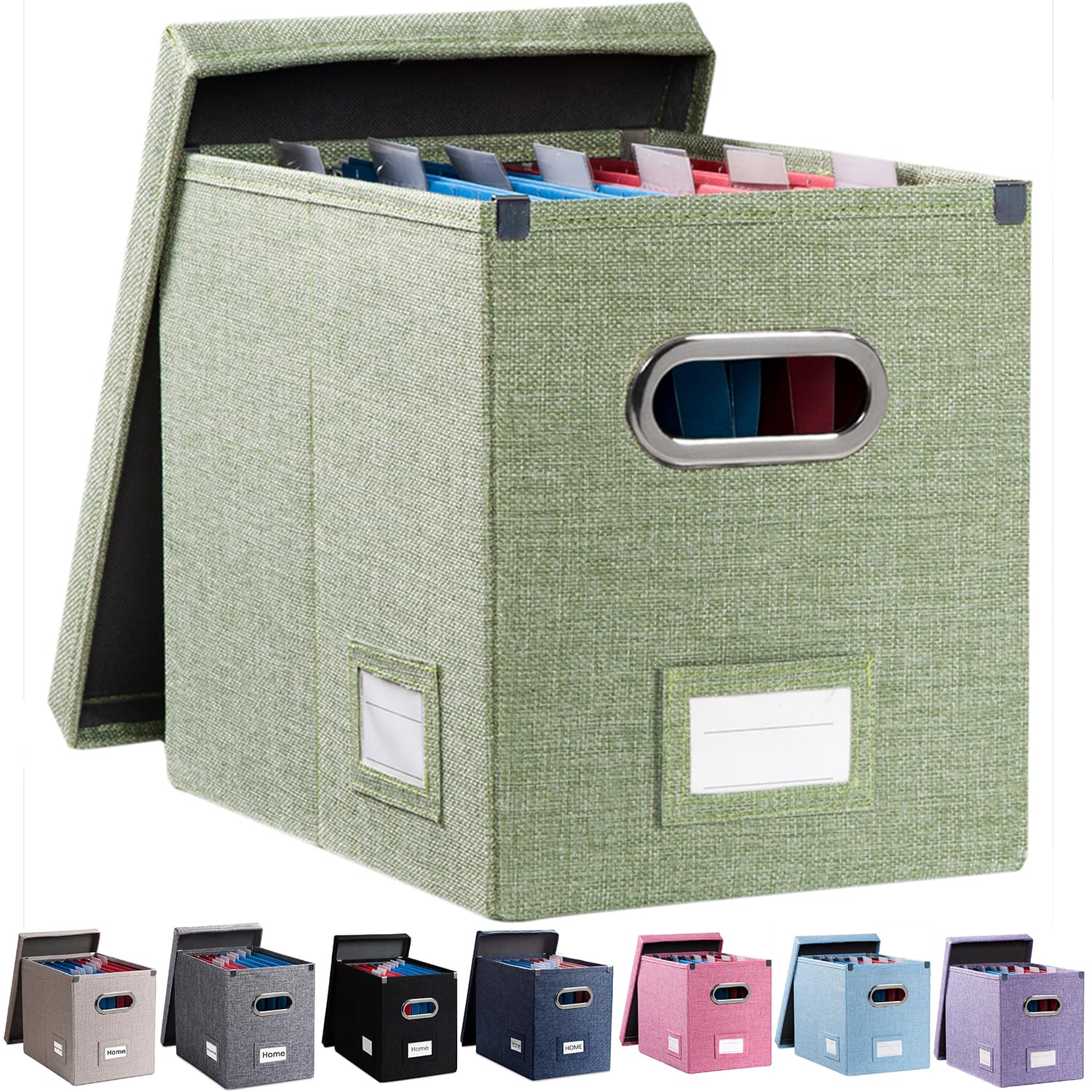 Photo 1 of PRANDOM File Organizer Box - Set of 1 Collapsible Decorative Linen Filing Storage Hanging File Folders with Lids Office Cabinet Letter Size Green (14x9.3x10.8 inch)