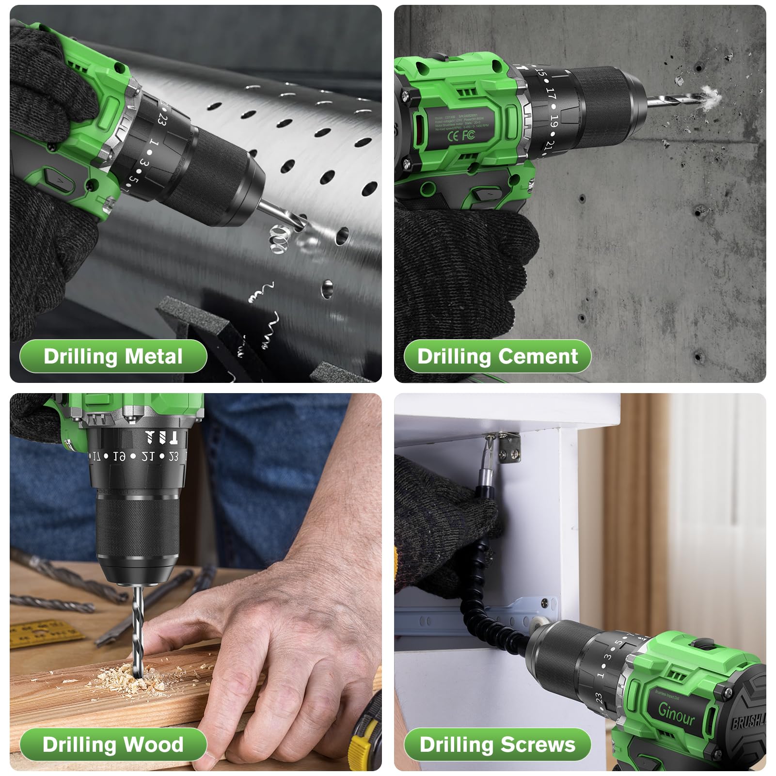 Ginour 21V Brushless Cordless Hammer Drill 442 in.lbs 18000BPM 3/8