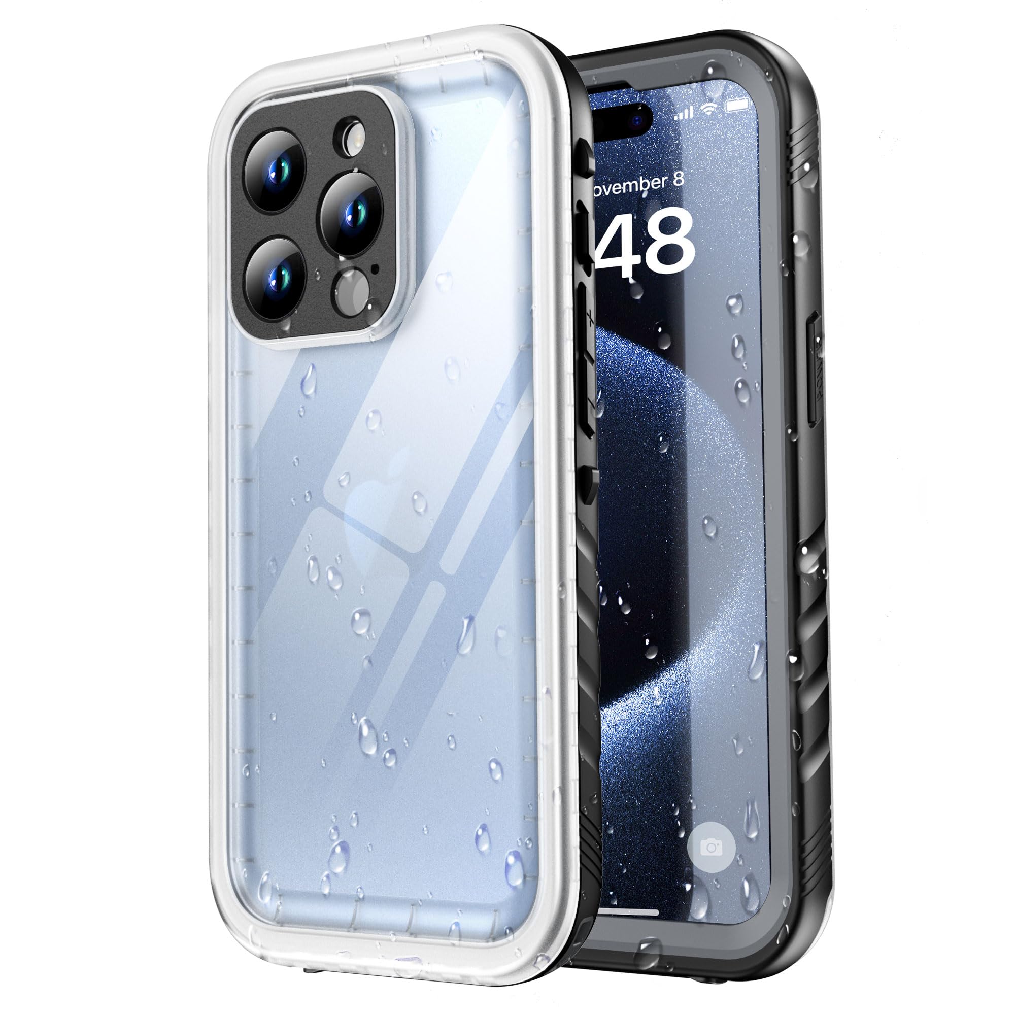 SPORTLINK for iPhone 15 Pro Waterproof Case - Shockproof Heavy Duty Front and Back Cover [Built in Screen/Camera Protector] [IP68 Underwater] [Dustproof] 360 Full Body Protective- Black/Frosted Clear
