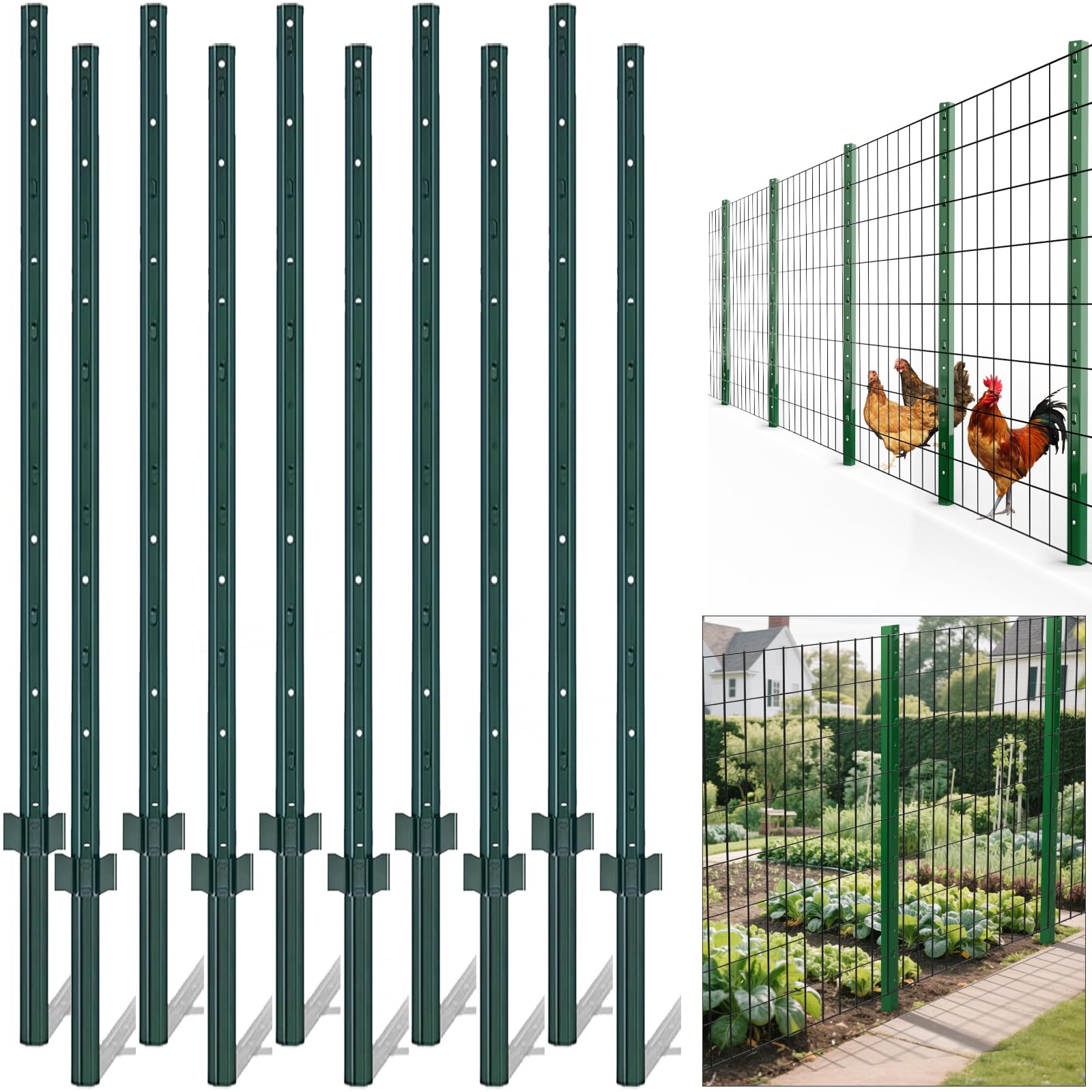 Photo 1 of AMAGABELI GARDEN & HOME Fence Posts 3Feet 10Pack Sturdy Heavy Duty Metal Fence Post with U-Channel Steel Fence U-Post Coated Green Poles Support for Chicken Wire Fence Garden Patch Posts