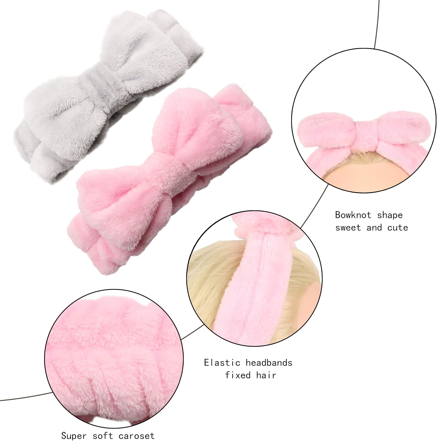 Dofash Cute Bowknot Bow Makeup Cosmetic Headbands for Washing Face,Shower Hairbands, Spa Headbands for Women 2PCS (Light Pink+Gray) - Image 4