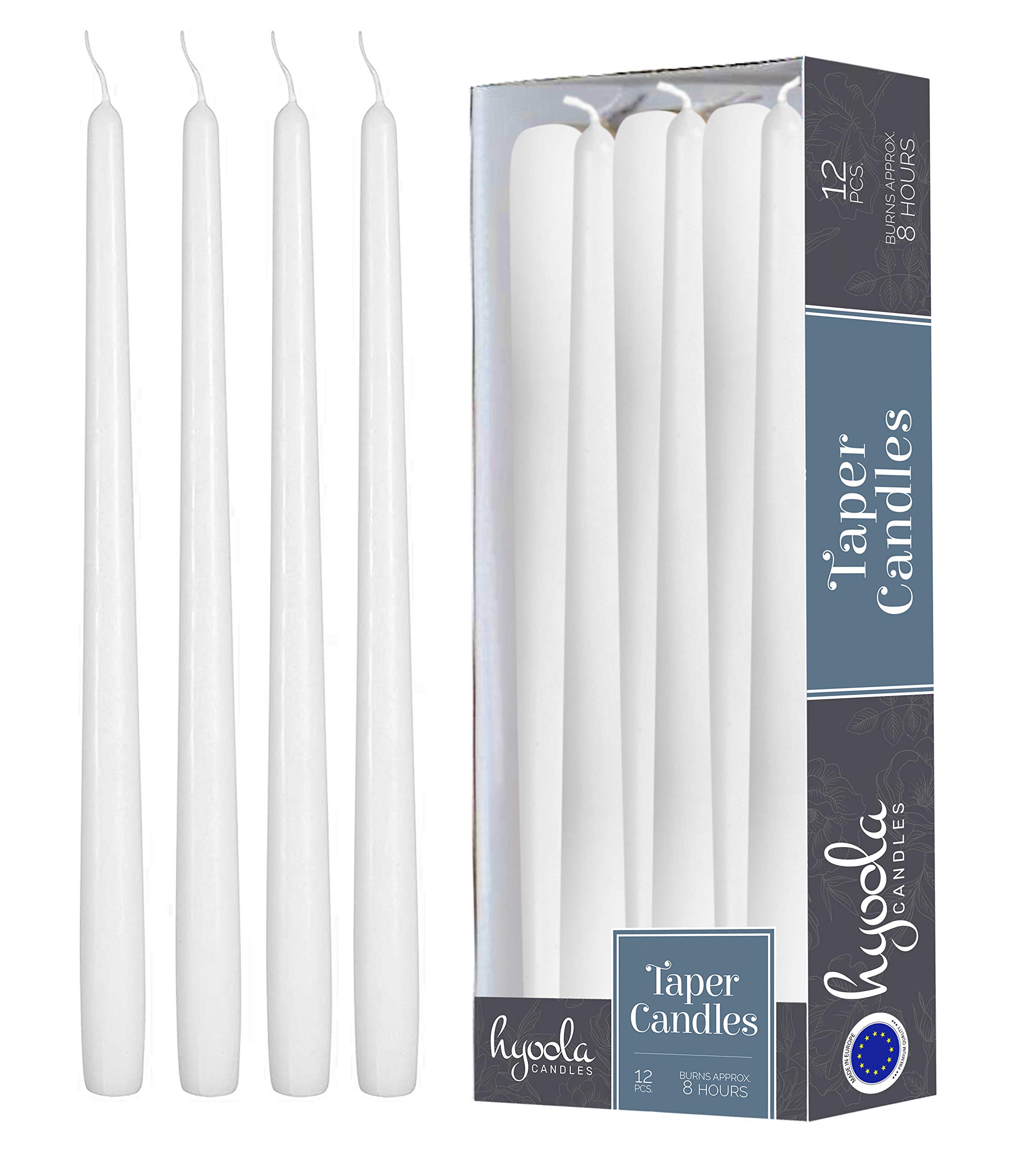 Hyoola White Taper Candles - 250 mm (10 Inch) Unscented Dripless Taper Candles - 8 Hour Burn Time - 12 Pack