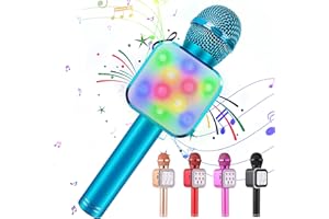 KIDWILL Wireless Bluetooth Karaoke Microphone for Kids, 5-in-1 Portable Handheld Karaoke Mic Speaker Player Recorder with LED Lights for Kids Girls Boys Teens Birthday (1818-Blue)