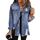 Dokotoo Women's Oversized Denim Jacket Casual Long Sleeve Denim Shirts Distresse Jean Jacket
