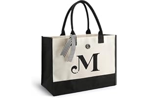 YOOFAN Initial Canvas Tote Bag - Personalized Monogrammed Gift Tote Bag for Wedding, Birthday, Beach, Holiday - Gift for Women, Mom, Teachers, Friends, Bridesmaids (M)