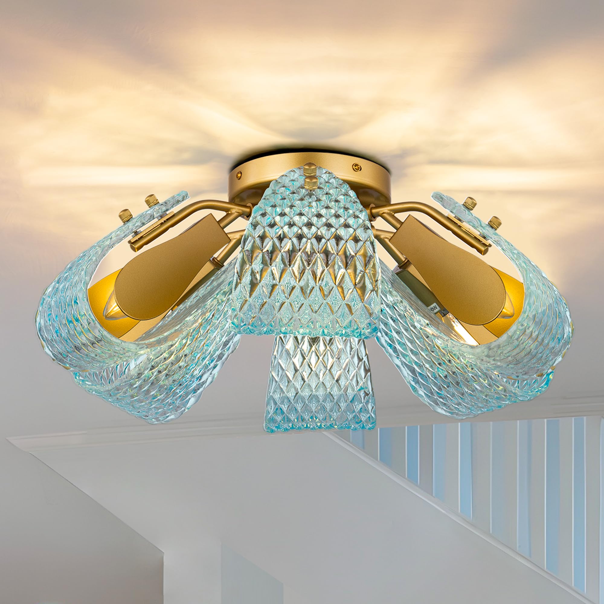 TOCHIC Flush Mount Ceiling Light Fixture, Modern Blue Glass Chandelier ...