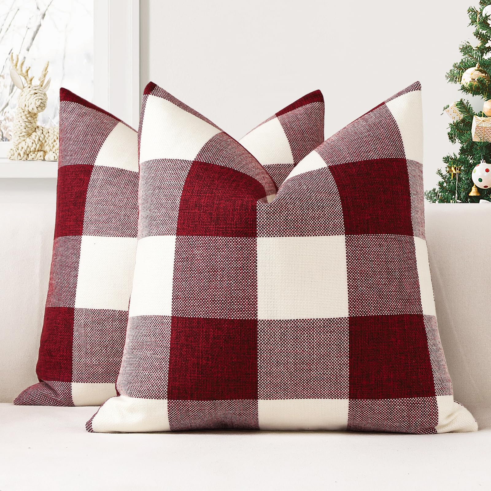 JOTOM Set of 2 Classic Plaids Cushion Covers 40x40 cm Farmhouse Buffalo Check Soft solid Decorative Throw Pillow Covers Home Decor Outdoor Cushion Case for Sofa Bedroom (Red)