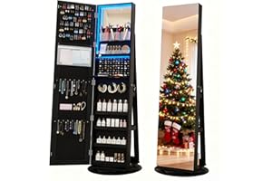 Vlsrka 360° Swivel Mirror Jewelry Cabinet with Lights, Large Jewelry Armoire Cabinet Standing, Lockable Free length Mirror with Storage, Rear Storage Shelves, Black