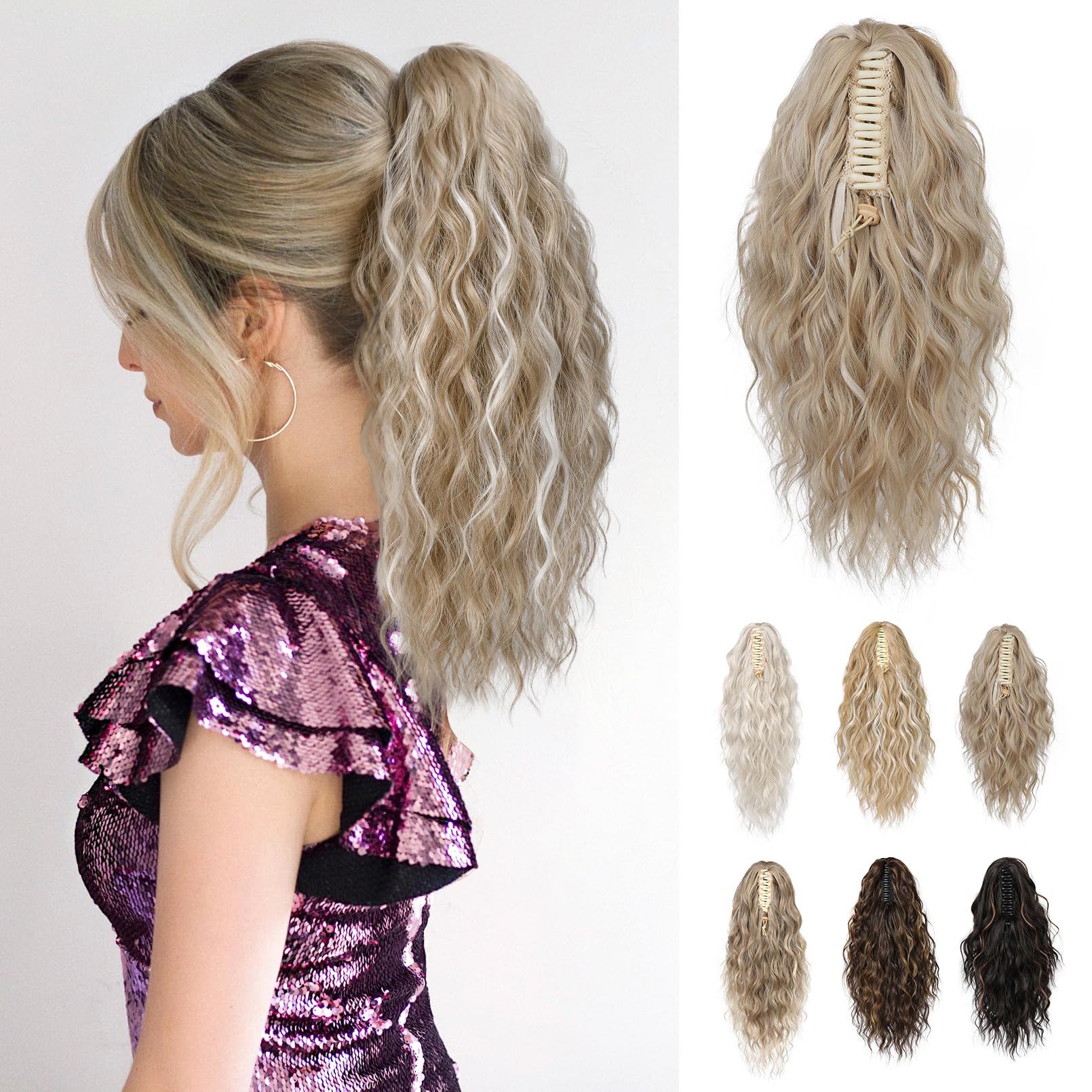 Photo 1 of REECHO 14" Ponytail Extension, Claw Clip Ponytail Extension Fake Pony Tails Soft Wavy Multi Layered Clip in Hair Extensions Synthetic Hairpiece for Women HP002 - Light Blonde with Highlights