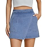 luvamia Jean Skirts for Women Denim Mini Trendy High Waisted Stretchy Asymmetrical Faux Wrap Short Skirt with Pockets