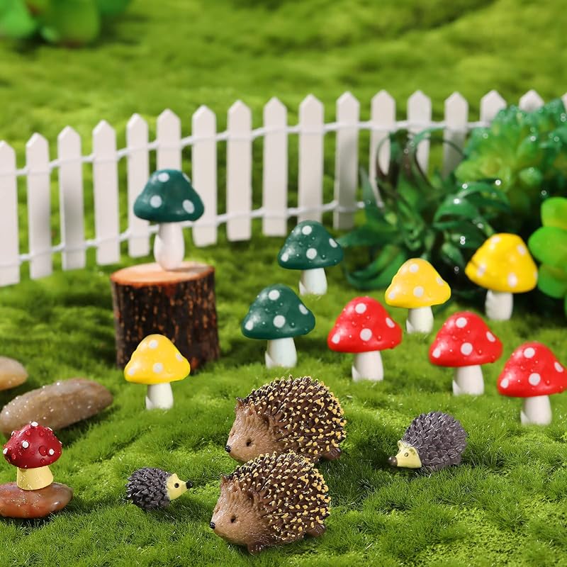 Dacitiery Resin Mini Hedgehogs and Mushroom Garden Figurines Set