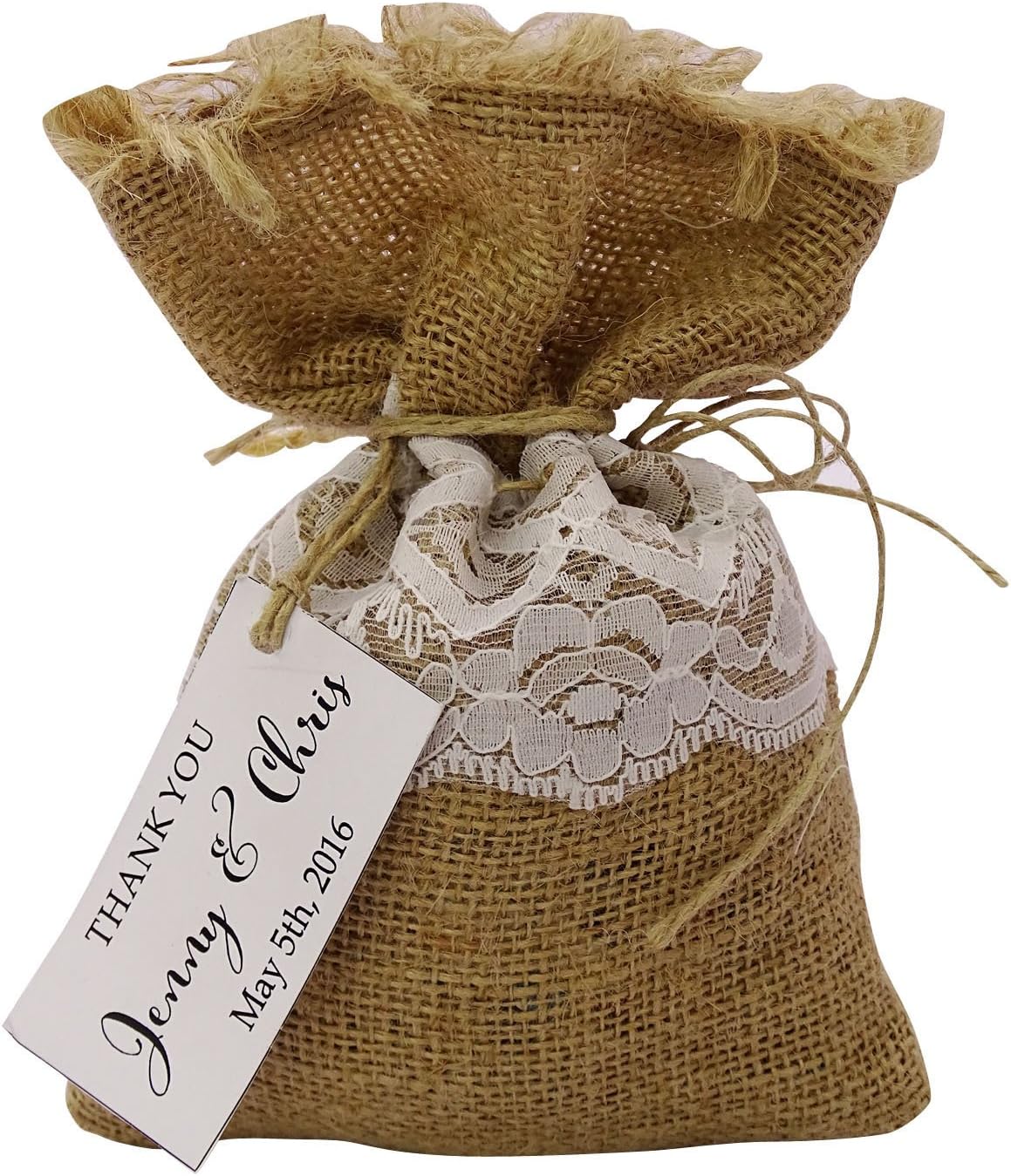 Darling Souvenir 20 Wedding Burlap Favor Bags Rustic with Personalized Text & Custom Paper Tags Drawstring Gift Bag Wedding Party Sack 4"x6.5" inches