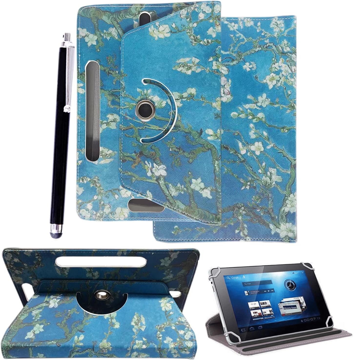 10inch Tablet Case Cover - Universal Leather Stand Case Folio Cover Magic Leather 360° Rotating Case Fits to ALL 10" & 10.1" Inch Tablets + Stylus Pen (BLOSSOMS)