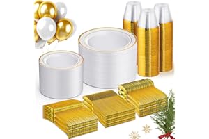 WELLIFE 600 PCS Gold Disposable Dinnerware Set for 100 Guests, Gold and White Plastic Plates for Party, 100 Each-Dinner & Salad Plates, Cups, Forks Knives Spoons for Wedding and New Year Party