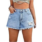 Floerns Women's Plus Size Distressed Denim Shorts Wide Leg Casual Jean Shorts with Pocket