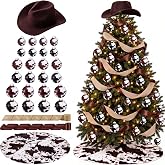 Sosation 29 Pcs Western Cowboy Christmas Tree Decor Complete Set | Cow Print Christmas Ball Ornament, Faux Plush Tree Skirt Rustic Cowboy Hat Tree Top Ribbons for Xmas Holiday Party Decoration