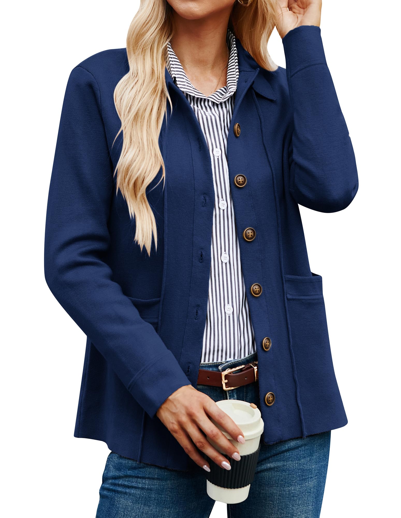 Photo 1 of GRACE KARIN Women's Long Sleeve Cardigan Sweaters Open Front Button Knit Shacket Jacket with Pockets Navy Blue 2XL